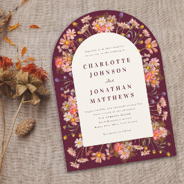 Bourgogne Boho Floral Arch Fall Huwelijksuitnodigi Kaart