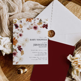 Bourgogne Boho Herfst Bloemen Baby shower Uitnodig Kaart