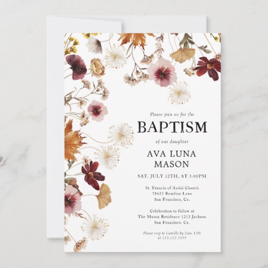 Bourgogne Boho Herfst Bloemen Doop Uitnodiging (Voorkant)