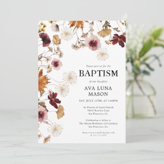 Bourgogne Boho Herfst Bloemen Doop Uitnodiging (Staand voorkant)