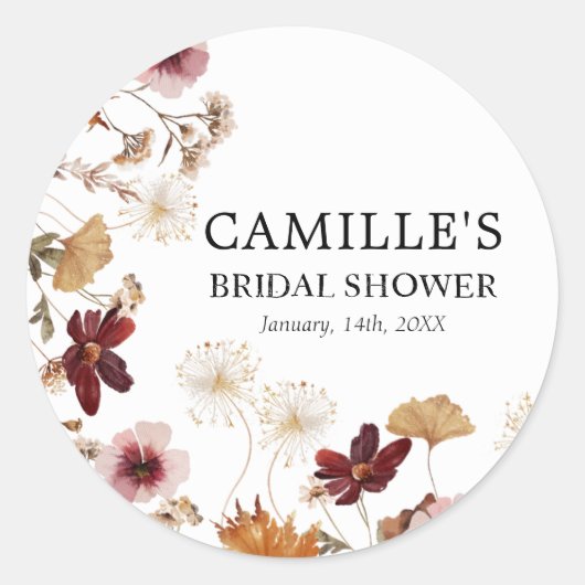Bourgogne Boho Herfst Bloemen Ronde Sticker (Voorkant)