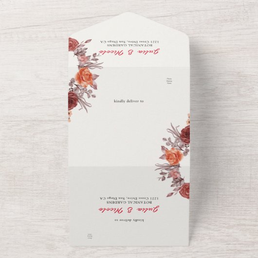 Bourgogne Boho Roos Bloemen Pampas Grass Wedding All In One Uitnodiging (Buitenkant)