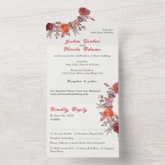 Bourgogne Boho Roos Bloemen Pampas Grass Wedding All In One Uitnodiging (Binnen)