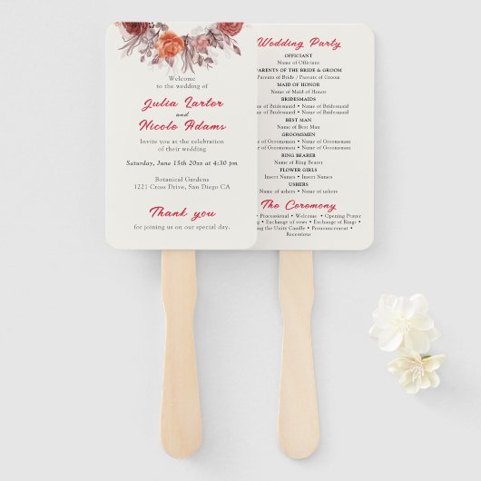 Bourgogne Boho Roos Bloemen Pampas Grass Wedding Handwaaier (Voorkant en achterkant)