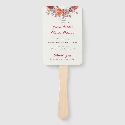 Bourgogne Boho Roos Bloemen Pampas Grass Wedding Handwaaier (Voorkant)