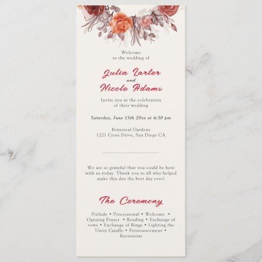 Bourgogne Boho Roos Bloemen Pampas Grass Wedding Programmakaart (Voorkant)