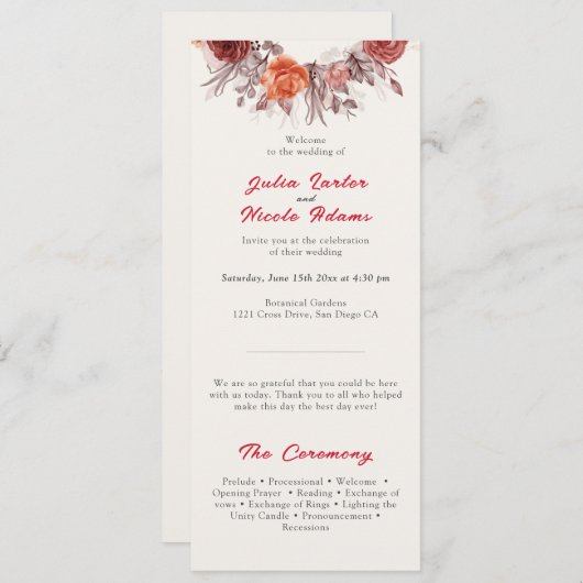 Bourgogne Boho Roos Bloemen Pampas Grass Wedding Programmakaart (Voorkant / Achterkant)