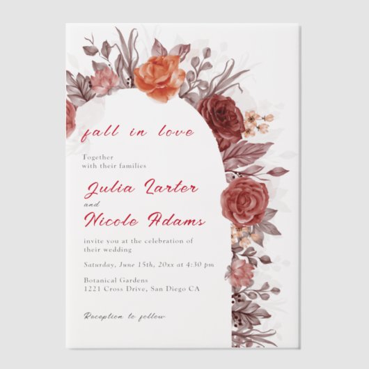 Bourgogne Boho Roos Bloemen Pampas Grass Wedding Vellum Uitnodigingen (Voorkant)