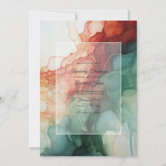 Bourgogne, Bos Groen en Houtskool Ink Bruiloft Kaart (Voorkant)