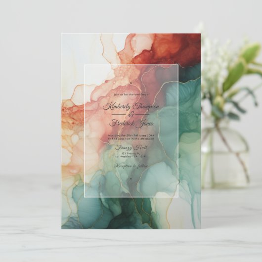 Bourgogne, Bos Groen en Houtskool Ink Bruiloft Kaart (Staand voorkant)