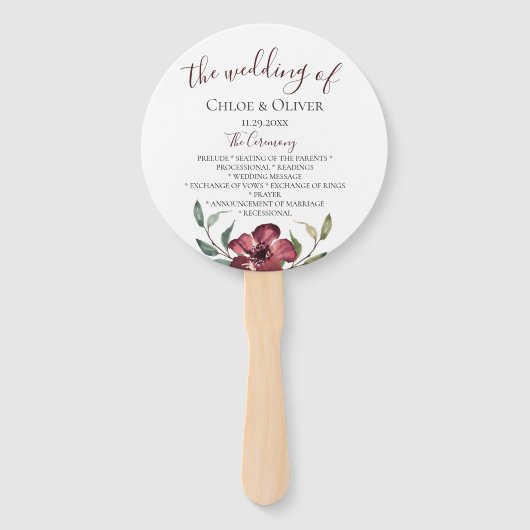 Bourgogne Botanische bruiloft programma Handwaaier (Voorkant)