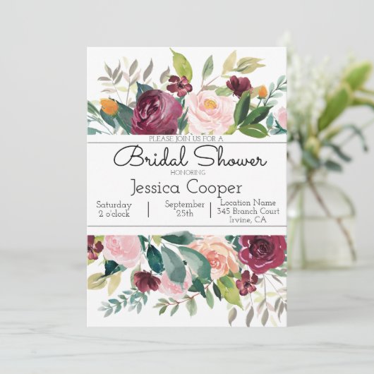 Bourgogne Bouquet Bruids Douche Uitnodiging (Staand voorkant)