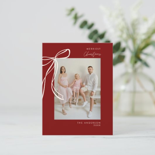Bourgogne Bow Familiefoto Kerstgroet Briefkaart (Staand voorkant)