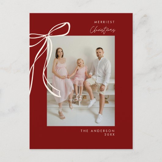 Bourgogne Bow Familiefoto Kerstgroet Briefkaart (Voorkant)