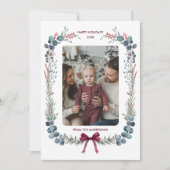 Bourgogne Bow Waterverf Botanische Kerstfoto Feestdagenkaart (Voorkant)