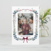 Bourgogne Bow Waterverf Botanische Kerstfoto Feestdagenkaart (Staand voorkant)