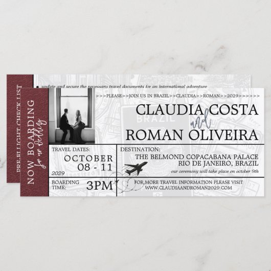 Bourgogne Brazilië Bruiloft Boarding Pass uitnodig (Voorkant / Achterkant)