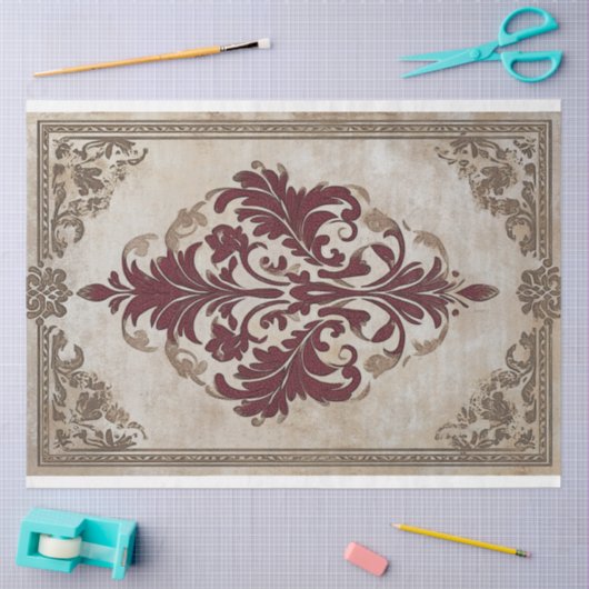 Bourgogne Brons Barok Demask Patroon Ontwerp Tissuepapier (Craft)