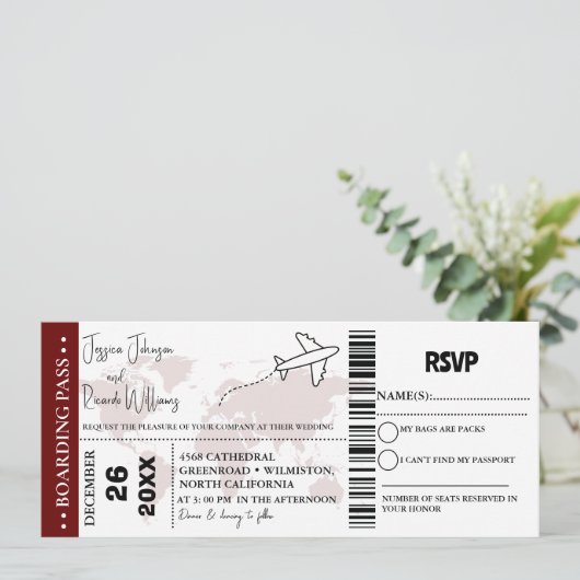 Bourgogne bruiloft uitnodiging Boarding pass ticke (Staand voorkant)