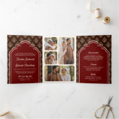 Bourgogne Bruin Ikat Fotocollage Indische bruiloft Drieluik Uitnodiging (Binnen)