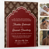 Bourgogne Bruin Ikat Fotocollage Indische bruiloft Drieluik Uitnodiging (Binnenzijde eerst)