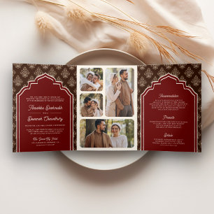 Bourgogne Bruin Ikat Fotocollage Indische bruiloft Drieluik Uitnodiging