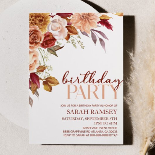 Bourgogne Bruin Sinaasappel Bloemen Verjaardagsfee Kaart