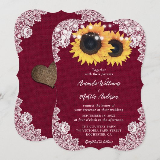 Bourgogne Burlap Bloemen Kant Zonnebloem Huwelijk Kaart (Voorkant / Achterkant)