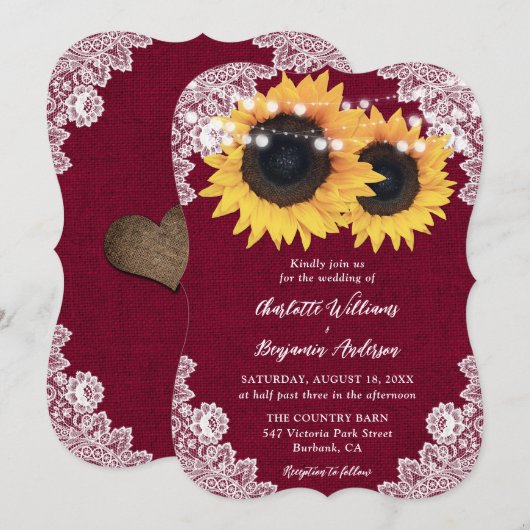 Bourgogne Burlap Bloemen Kant Zonnebloem Huwelijk Kaart (Voorkant / Achterkant)