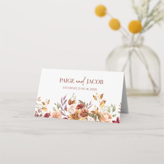 Bourgogne Burnt Sinaasappel Bloemen Bruiloft Plaatskaartje (Achterkant)