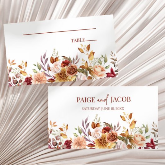 Bourgogne Burnt Sinaasappel Bloemen Bruiloft Plaatskaartje