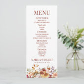 Bourgogne Burnt Sinaasappel Bloemen Trouwvoedsel Menu (Staand voorkant)