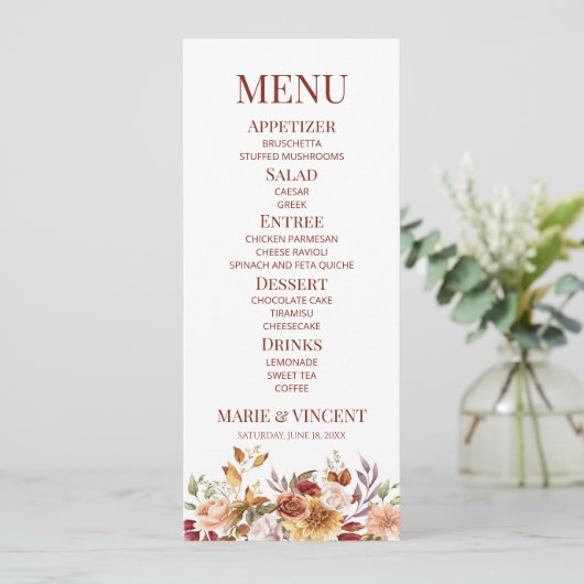 Bourgogne Burnt Sinaasappel Bloemen Trouwvoedsel Menu (Staand voorkant)