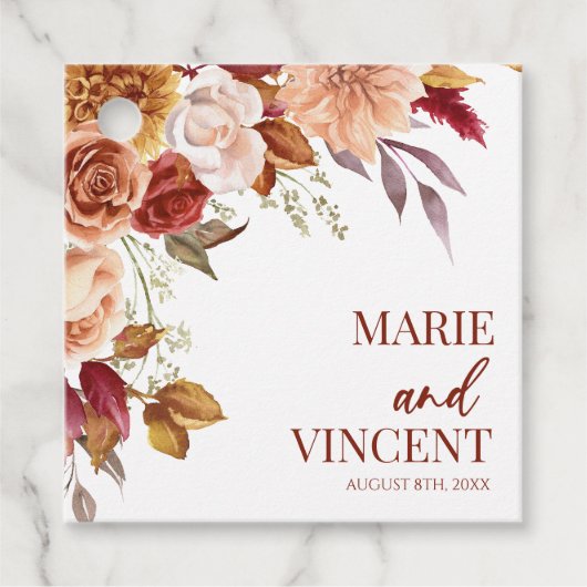 Bourgogne Burnt Sinaasappel Bruin Bloemen Bloemen  Bedankjes Labels (Voorkant)