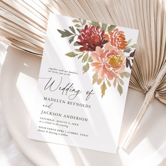 Bourgogne Burnt Sinaasappel Herfst Bloemenbruiloft Kaart