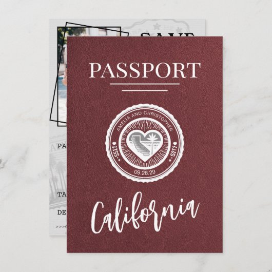 Bourgogne California Passport Bewaar de datum Save The Date (Voorkant / Achterkant)