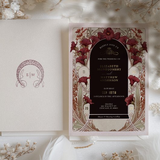 Bourgogne Calla Lily Wedding Art Nouveau Mucha Folie Uitnodiging