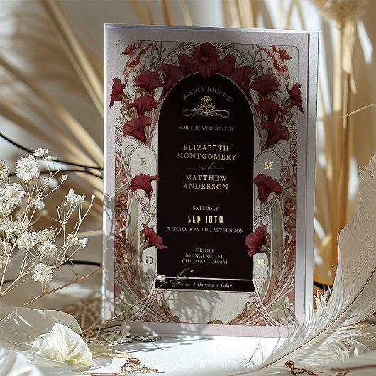 Bourgogne Calla Lily Wedding Art Nouveau Mucha Folie Uitnodiging