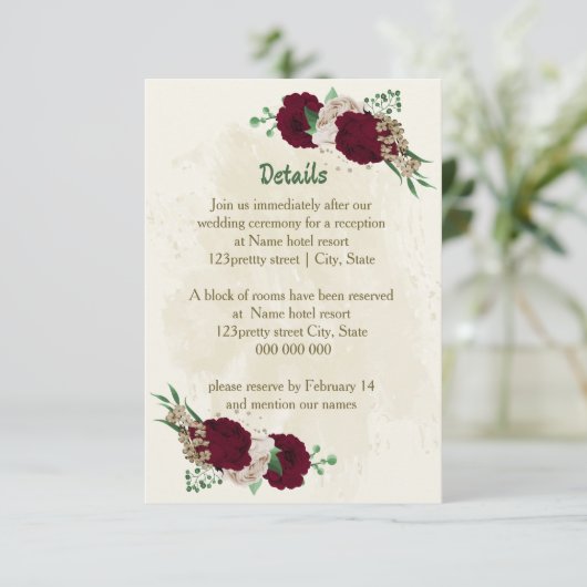 Bourgogne champagne bloemen bruiloft details informatiekaartje (Staand voorkant)