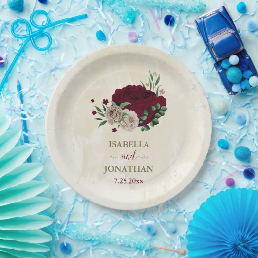 Bourgogne champagne bloemen bruiloft papieren bordje (Feest)