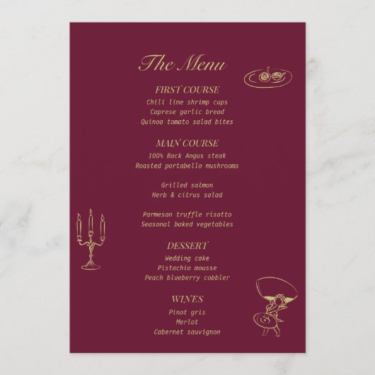 Bourgogne Chartreuse Geïllustreerd Trouwmenu Menu (Voorkant)