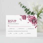 Bourgogne Chinese bloemenpioen bloemen bruiloft RSVP Kaartje (Staand voorkant)