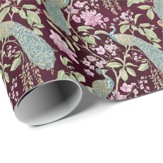 Bourgogne Chinoiserie pauw bloemendecoupage Cadeaupapier (Rol Hoek)