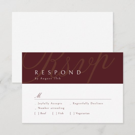 Bourgogne Classic Elegantie Kalligrafie Bruiloft R RSVP Kaartje (Voorkant / Achterkant)