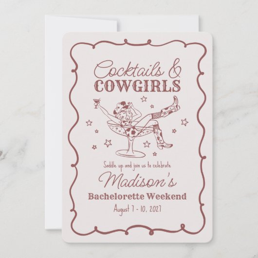 Bourgogne Cocktail en Cowgirls Bash Bachelorette Kaart (Voorkant)