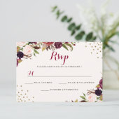 Bourgogne Confetti Bloemenbruiloft RSVP Kaartje (Staand voorkant)