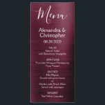 Bourgogne Cranberry Modern en Elegant Wedding Menu<br><div class="desc">Bourgogne Cranberry Paarse Moderne Faux Metallic Roestvrij staal Wedding Menu. Dit girly moderne Marsala en White Script Wedding Menu kan worden aangepast om de namen van de bruid en bruidegom, de trouwdatum en de opties voor het menu van het huwelijksdiner op te nemen. Dit menu maakt deel uit van een...</div>