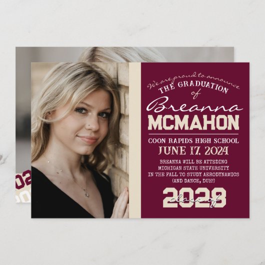 Bourgogne & Cream Afstuderen 2 Fotoaankondiging Kaart (Voorkant / Achterkant)