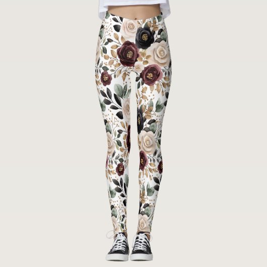 Bourgogne Cream Black Floral Leggings (Voorkant)