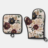 Bourgogne Cream Black Floral Ovenwant & Pannenlap Set (Voorkant)